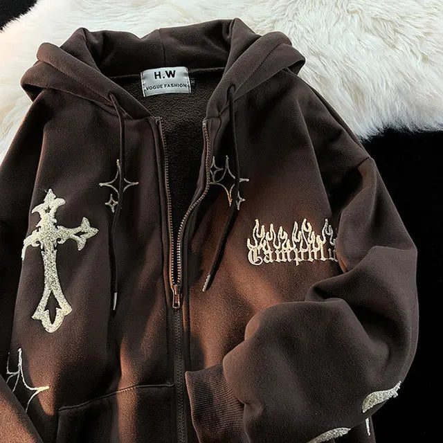 Women's Retro Embroidered Zipper Hoodie Sweatshirt