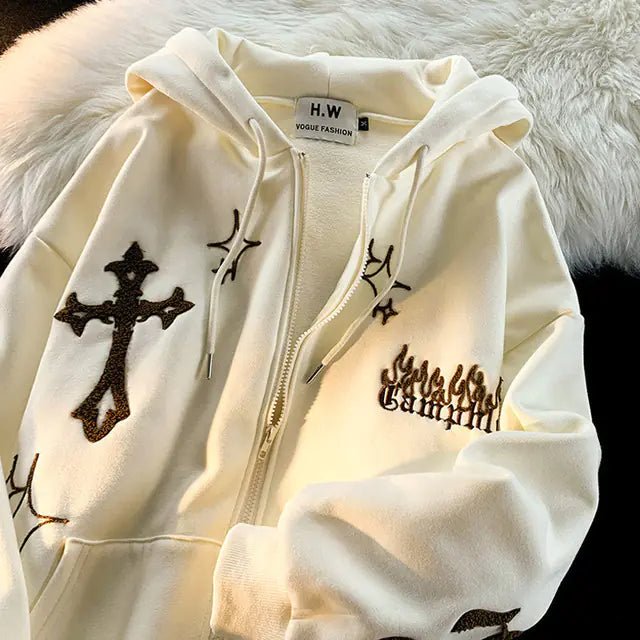 Women's Retro Embroidered Zipper Hoodie Sweatshirt